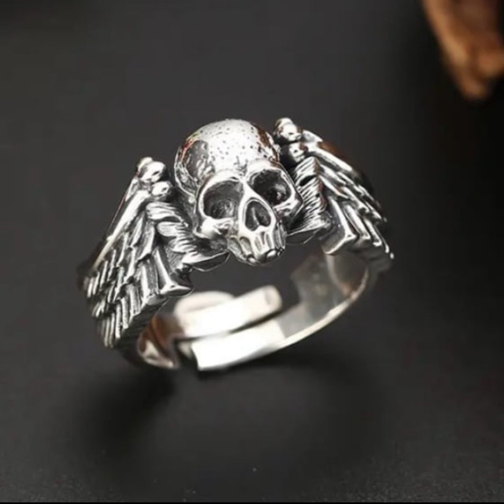 New! Unisex Silver Color Gothic Punk Skull Ring with Wings - One Size Fits All.